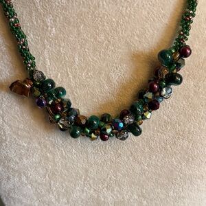 Green Seed Bead Necklace w/ Multicolor Cluster | Artisan Boho Jewelry
